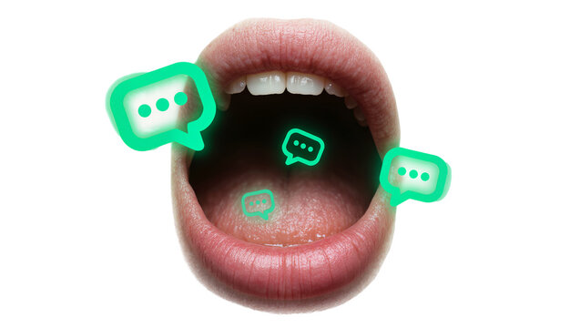 Open mouth with green speech bubbles emerging, isolated on transparent background