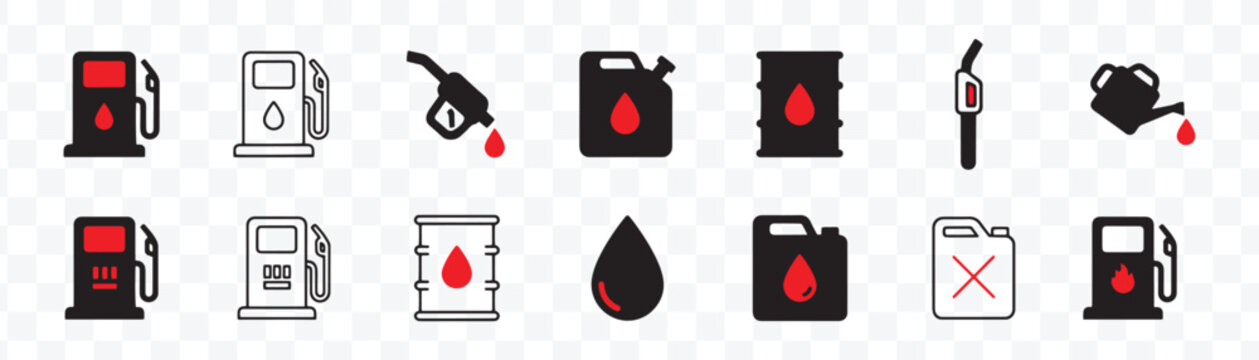 Gas Station and Fuel Icons Vector Set. Energy, Oil, Gasoline, and Petroleum Industry Symbols