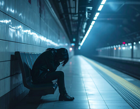 Woman sitting alone on a subway platform, overwhelmed by sadness and despair