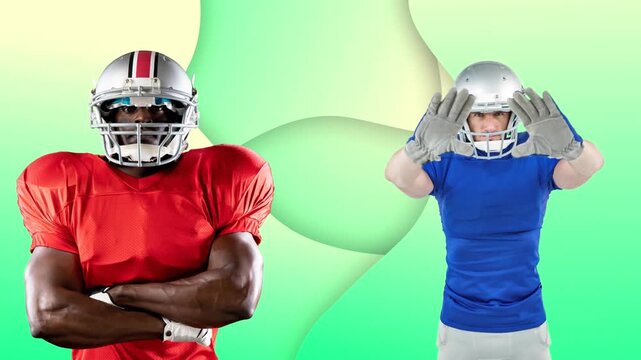 American football players in composition with ball, symbolizing sports competition.