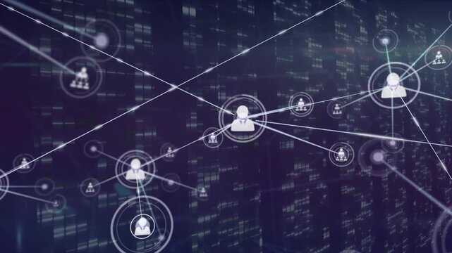 Animation of network of connections with icons over data processing