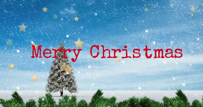 Animation of happy christmas text over snow falling and sky with clouds