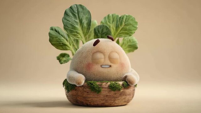 Cute character sits in a pot with cabbage leaves on top, expressing happiness in a simple setting