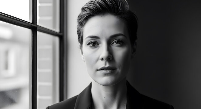 Intense portrait of a confident woman with short hair by a window