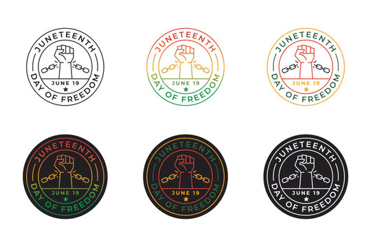Juneteenth set of colorful emblems with raised arm representing freedom and unity