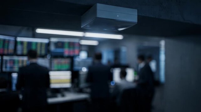 Focus on a sleek occupancy sensor tracking live broker movement in a dimly lit trading room during a quiet evening background softly blurred for depth.