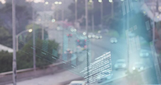 Animation of interface with data processing against aerial view of city traffic