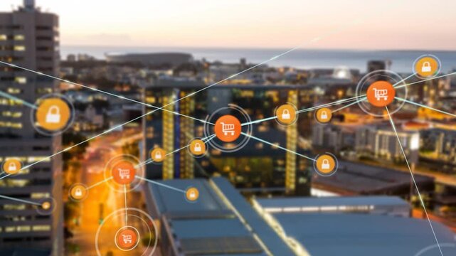 Animation of network of connections over sunrise cityscape