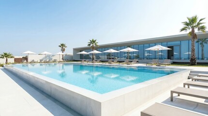 Fototapeta premium Modern resort swimming pool with lounge chairs.