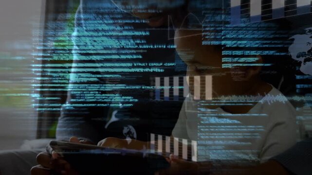 Animation of programming language, graphs, african america teacher teaching student using technology