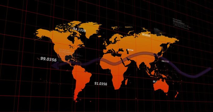 Animation of graph and grid pattern over map with numbers against black background