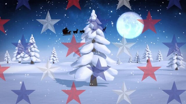 Animation of snow falling and stars over santa claus in sleigh with reindeer and winter landscape