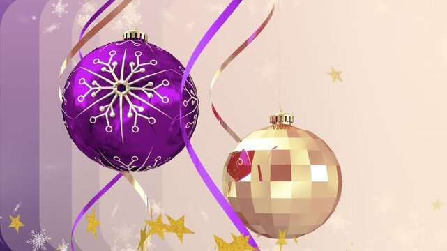 Animation of golden stars and snowflakes over christmas bauble decorations against pink background