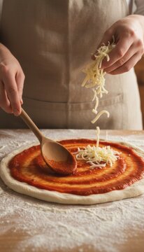 A close-up of a person spreading tomato sauce on pizza dough and sprinkling cheese. Perfect for culinary blogs or Italian cuisine promotions. Generative AI.