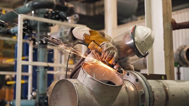 close up cinematic slow motion footage of a metalworker wearing protective gloves and safety helmet uses an angle grinder to cut steel, creating sparks in a workshop environment.