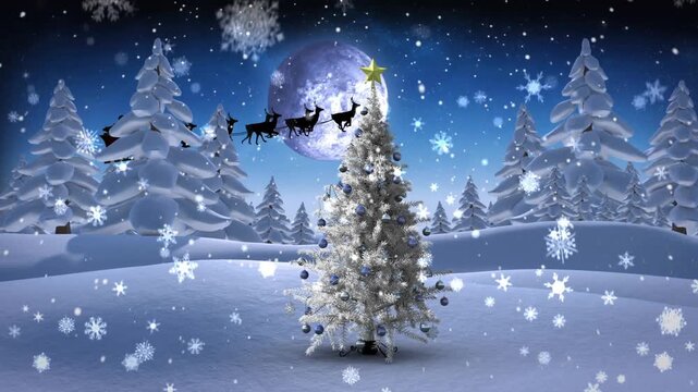 Animation of santa claus in sleigh with reindeer over christmas winter scenery with snow falling