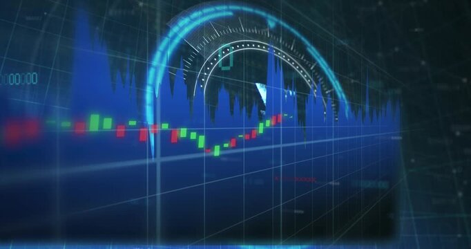 Animation of financial data processing over scope scanning with yen symbol on black background
