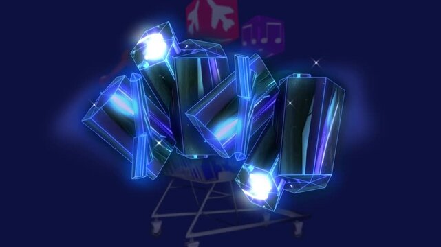 Animation of crystals over shopping cart with icons