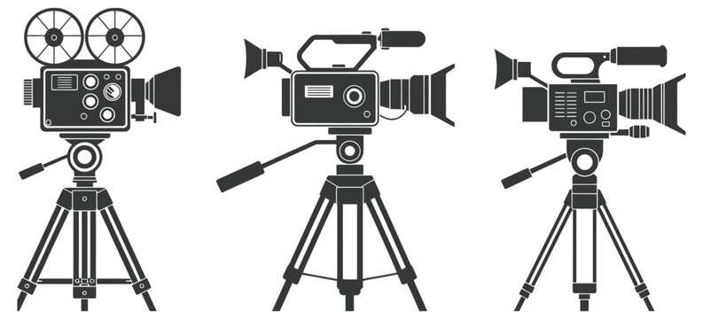 Video production vector graphics set with filmmaking camera clipart, cinema equipment icons, film studio elements and modern media production illustration for editing, recording and content creation