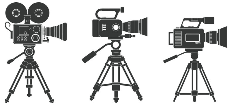 Video production vector graphics set with filmmaking camera clipart, cinema equipment icons, film studio elements and modern media production illustration for editing, recording and content creation
