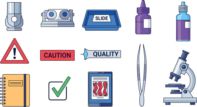 Laboratory and Science Icon Set for Microscopes, Slides, Quality Control, and Caution Signs