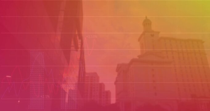 Animation of graphs with changing numbers over low angle view of modern buildings against sky