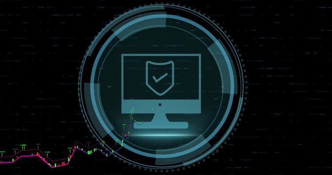 Animation of graphs over cyber security and shield in desktop against changing numbers in background