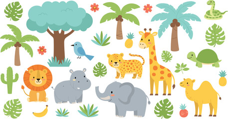 Obraz premium Cute Tropical Safari Animal Vector Collection Featuring Lion, Elephant, Giraffe, Hippo, Leopard, and Camel with Palm Trees and Exotic Fruit for Kids Nursery Decor