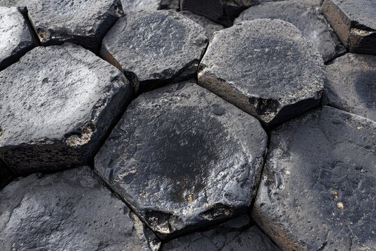 Close-up of hexagonal basalt columns, showing a pattern of natural geometric formation