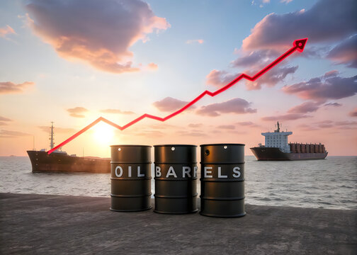 Rising oil barrel prices with shipping vessels at sunset backdrop