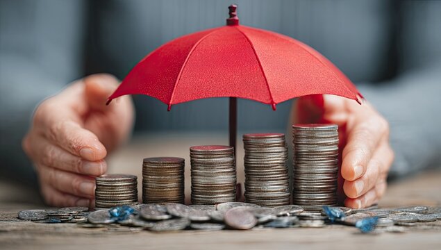 Stacked coins covered by a red umbrella, hands protect, symbolizing savings