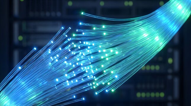 Close up of illuminated fiber optic cables with blue and green lights in front of a server rack