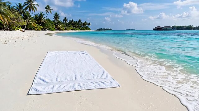 Pristine white plush beach towel lies perfectly flat on flawless white sand near crystal clear turquoise water lapping at the scenic shore.