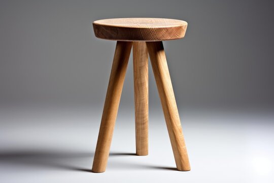 Wooden three legged stool showing natural wood grain and minimalist design