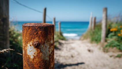 Fototapeta premium Rusty post frames sandy path to ocean. View leads to sunlit beach and blue water