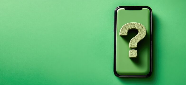 A green question mark rests on a smartphone against a matching green background, simple and eye-catching