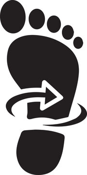 Black vector footprint icon with white arrow turning around heel isolated on transparent background