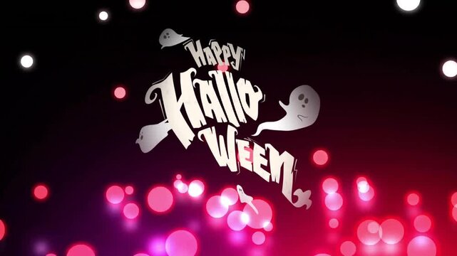 Animation of merry halloween text over falling red spots