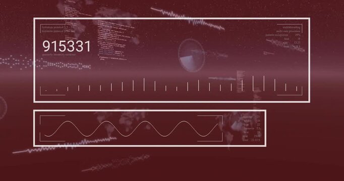 Data visualization and analysis over red background with numerical and graphical elements