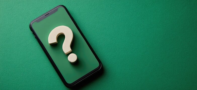 A close-up shot of a smartphone, with a white question mark displayed on its screen