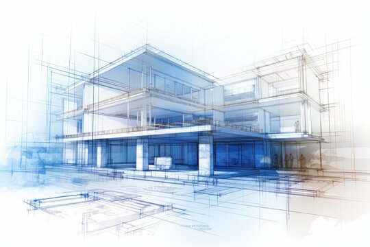 Architectural blueprint rendering a contemporary building outline with engineering plans