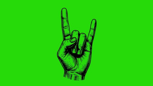 Hand drawn animation of a heavy metal rock on gesture with black fill and hatching style on green screen chroma key background for easy integration