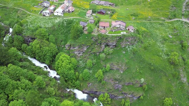 Drone view Drone view of Alpe Balma
, a charming stone Alpine settlement located within the Alpe Veglia Natural Park, above Varzo (VB), a short distance from Domodossola Italy 