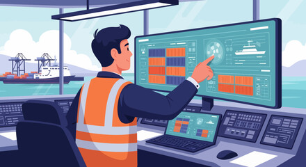 Obraz premium Man in Orange Safety Vest Operating Control Panel.
