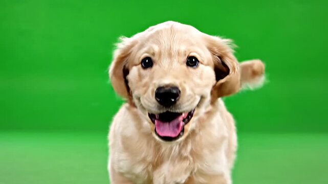 Golden Retriever Puppy Running Towards Camera on Green Screen