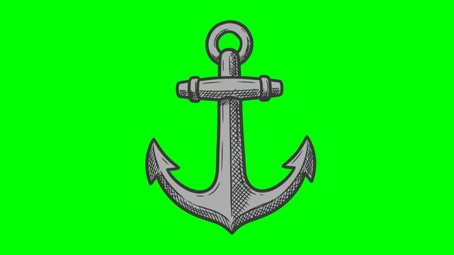 Hand drawn 2D animation of a vintage nautical anchor with cross-hatching detail on green screen chroma key. Ideal for marine and maritime projects, travel transitions and vintage aesthetics