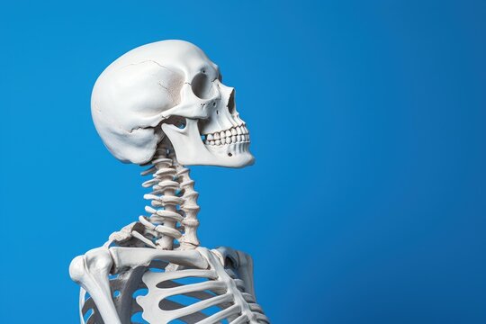 Human skeleton model showing skull, neck, and upper spine bones with blue background
