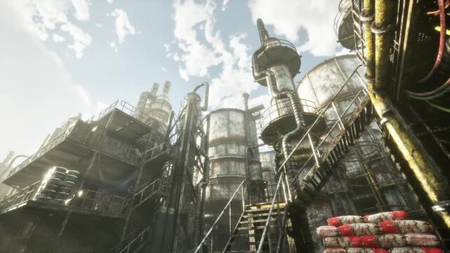 vast industrial perspective with towering tanks and interlaced pipelines, lowangle composition emphasizes monumentality and complexity, dramatic sky and crisp