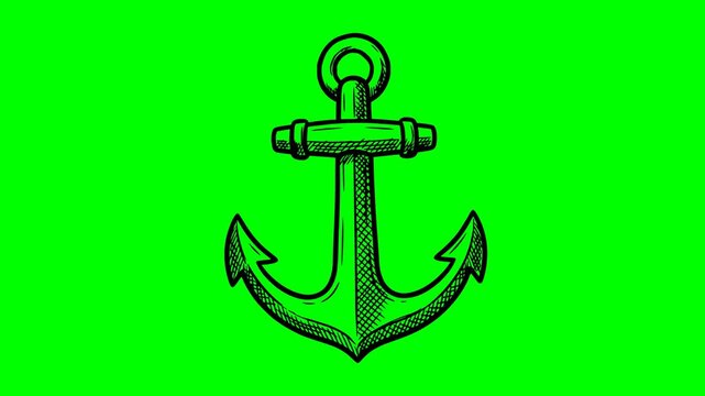 Hand drawn nautical anchor animation with black fill and hatch shading over a green screen chroma key background for easy composting and maritime design projects