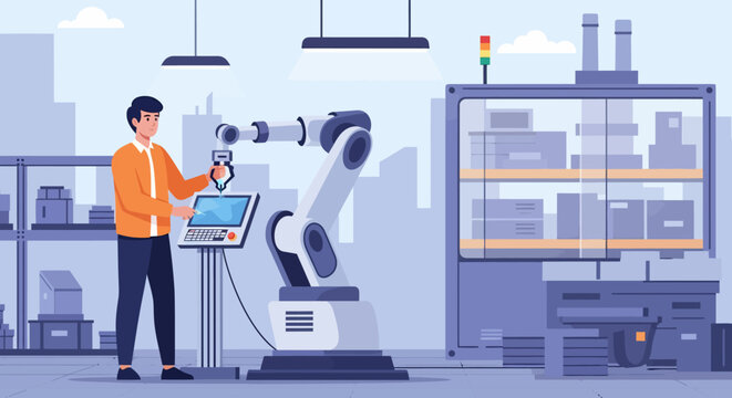 Man Operating Robotic Arm in Factory Setting.